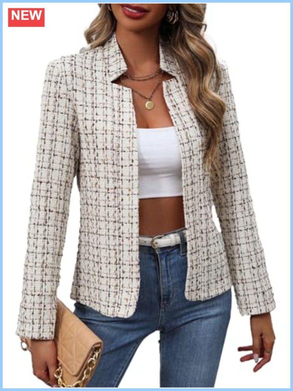 Open Front Plaid Tweed Blazer Fitted Professional Jacket